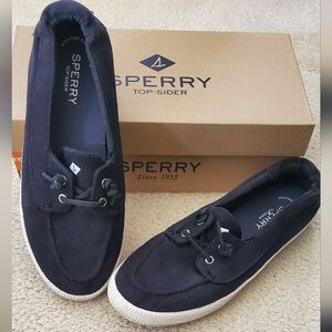 Black Canvas Sperry Boat Loafers Slip On Shoes 9